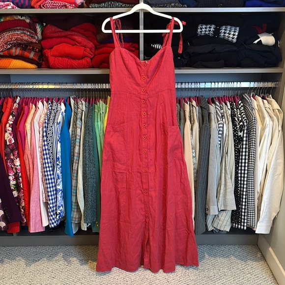 Honorine red 100% linen tie strap button front maxi dress size XS - Picture 1 of 3